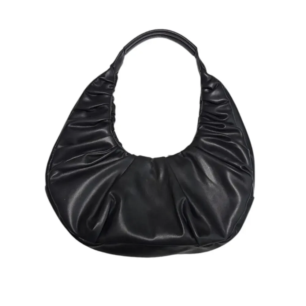 Badgley Mischka Pleated Shoulder Bag Hobo Purse Vegan Leather Black Half Moon